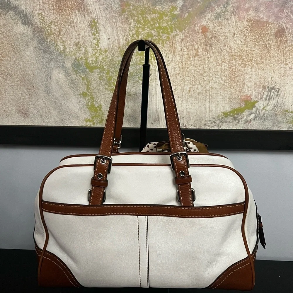 Coach Hampton Medium Ivory Beige Leather Trim Satchel Handbag 2007